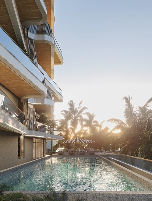 Residential swimming pool beside the curved balconies of The Bay